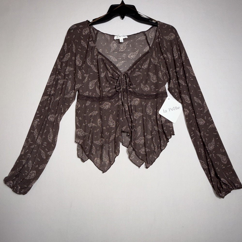 La Peche Cropped Baby Doll Top Brown Floral Lace Long Sleeve‎ Peplum-like Hem M